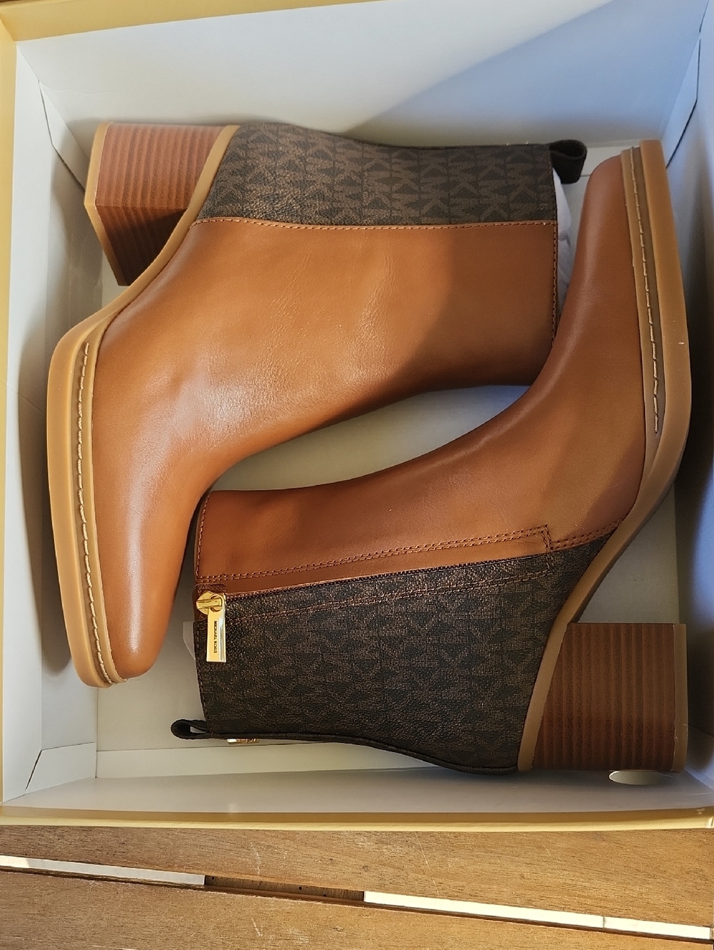 Michael Kors Cognac Leather & MK Logo Block Heel Booties